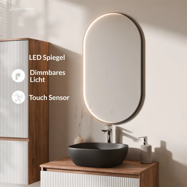 ARISA Badmöbel Set inkl. Hochschrank in Weiß Geriffelt - mit "Glora" LED Spiegel und schwarzem Keramik-Aufsatzwaschbecken 42 cm