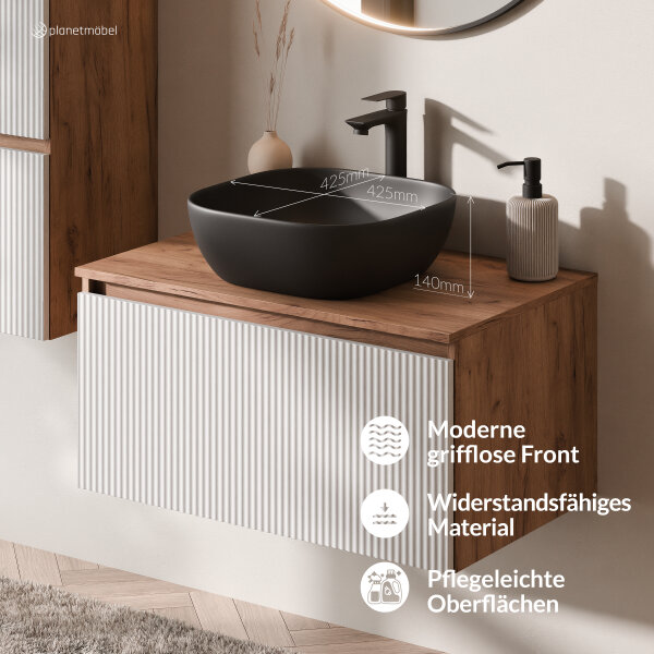 ARISA Badmöbel Set inkl. Hochschrank in Weiß Geriffelt - mit "Glora" LED Spiegel und schwarzem Keramik-Aufsatzwaschbecken 42 cm