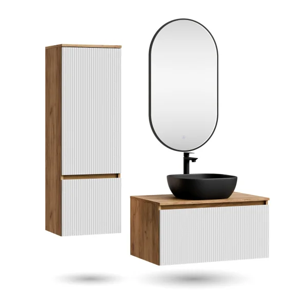 ARISA Badmöbel Set inkl. Hochschrank in Weiß Geriffelt - mit "Glora" LED Spiegel und schwarzem Keramik-Aufsatzwaschbecken 42 cm
