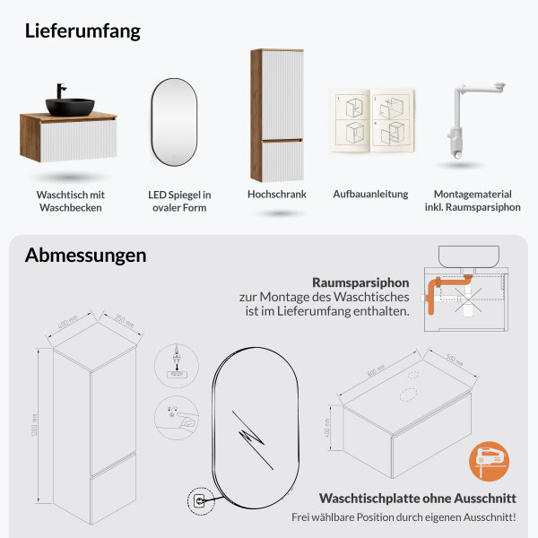 ARISA Badmöbel Set inkl. Hochschrank in Weiß Geriffelt - mit "Glora" LED Spiegel und schwarzem Keramik-Aufsatzwaschbecken 42 cm