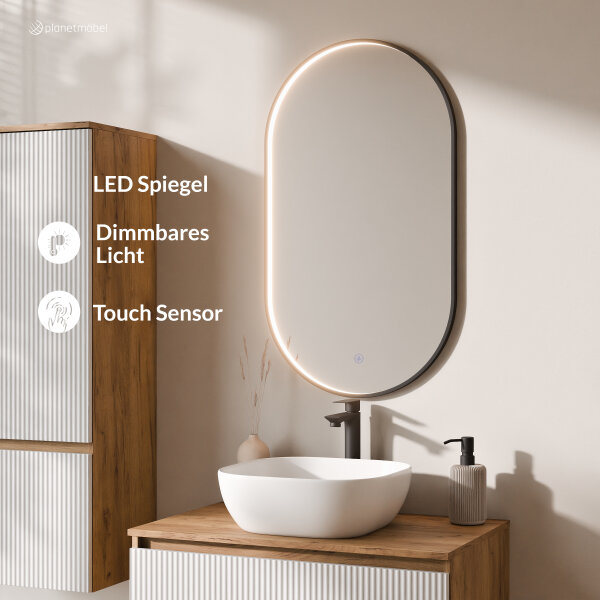 ARISA Badmöbel Set inkl. Hochschrank in Weiß Geriffelt - mit "Glora" LED Spiegel und weißem Keramik-Aufsatzwaschbecken 42 cm