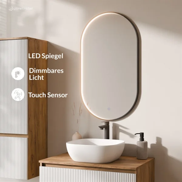 ARISA Badmöbel Set inkl. Hochschrank in Weiß Geriffelt - mit "Glora" LED Spiegel und weißem Keramik-Aufsatzwaschbecken 42 cm