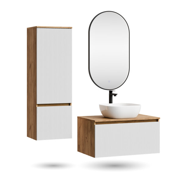 ARISA Badmöbel Set inkl. Hochschrank in Weiß Geriffelt - mit "Glora" LED Spiegel und weißem Keramik-Aufsatzwaschbecken 42 cm