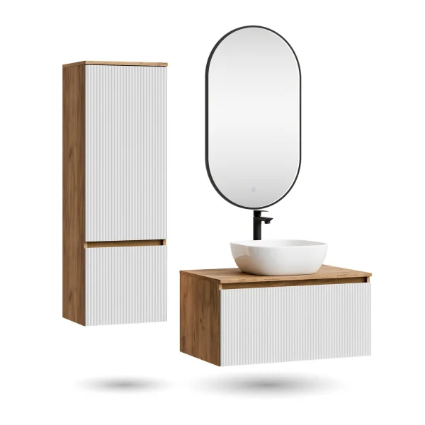ARISA Badmöbel Set inkl. Hochschrank in Weiß Geriffelt - mit "Glora" LED Spiegel und weißem Keramik-Aufsatzwaschbecken 42 cm