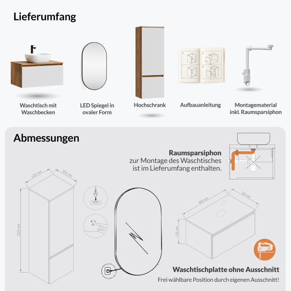 ARISA Badmöbel Set inkl. Hochschrank in Weiß Geriffelt - mit "Glora" LED Spiegel und weißem Keramik-Aufsatzwaschbecken 42 cm