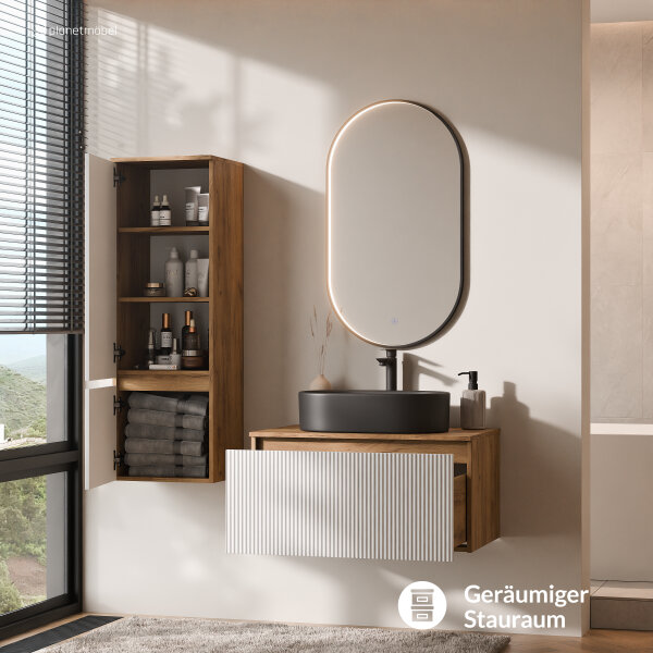 ARISA Badmöbel Set inkl. Hochschrank in Weiß Geriffelt - mit "Glora" LED Spiegel und schwarzem Keramik-Aufsatzwaschbecken 55 cm