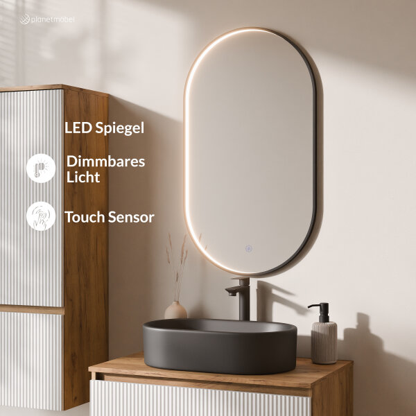 ARISA Badmöbel Set inkl. Hochschrank in Weiß Geriffelt - mit "Glora" LED Spiegel und schwarzem Keramik-Aufsatzwaschbecken 55 cm