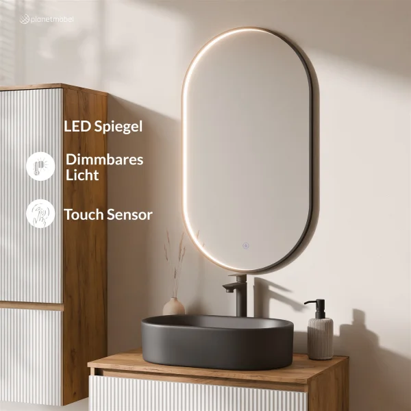 ARISA Badmöbel Set inkl. Hochschrank in Weiß Geriffelt - mit "Glora" LED Spiegel und schwarzem Keramik-Aufsatzwaschbecken 55 cm