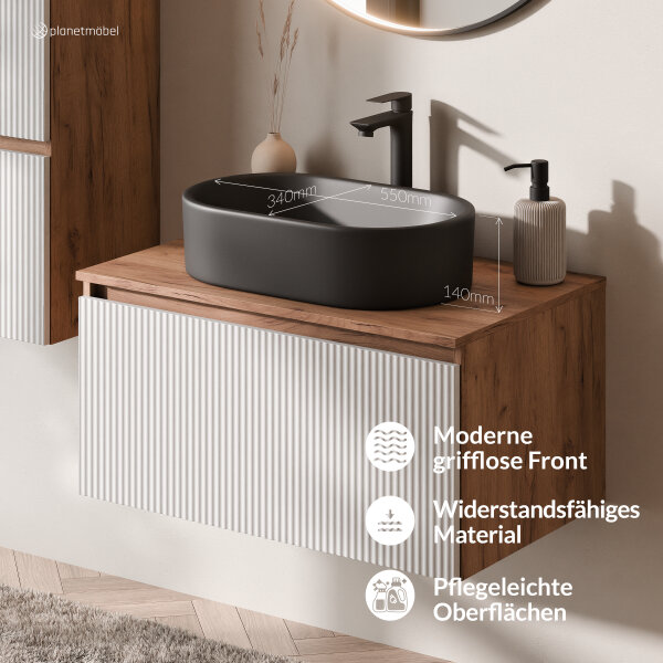 ARISA Badmöbel Set inkl. Hochschrank in Weiß Geriffelt - mit "Glora" LED Spiegel und schwarzem Keramik-Aufsatzwaschbecken 55 cm