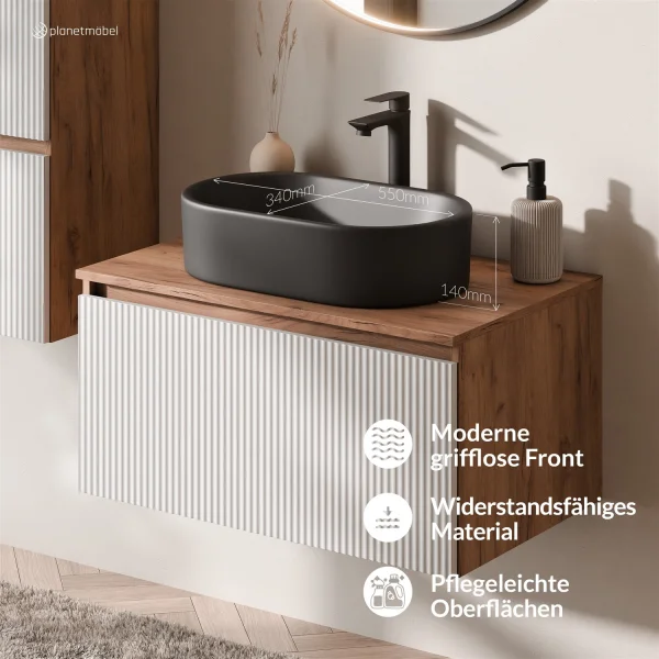 ARISA Badmöbel Set inkl. Hochschrank in Weiß Geriffelt - mit "Glora" LED Spiegel und schwarzem Keramik-Aufsatzwaschbecken 55 cm