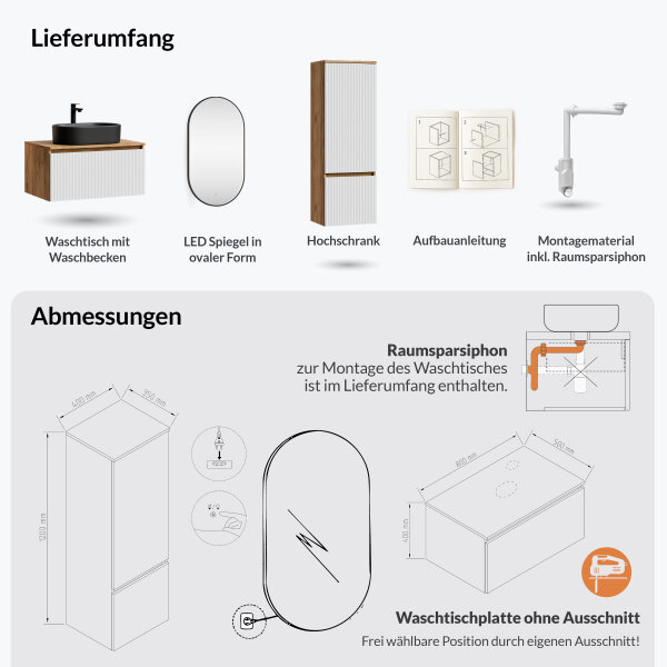 ARISA Badmöbel Set inkl. Hochschrank in Weiß Geriffelt - mit "Glora" LED Spiegel und schwarzem Keramik-Aufsatzwaschbecken 55 cm