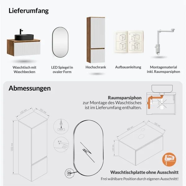 ARISA Badmöbel Set inkl. Hochschrank in Weiß Geriffelt - mit "Glora" LED Spiegel und schwarzem Keramik-Aufsatzwaschbecken 55 cm