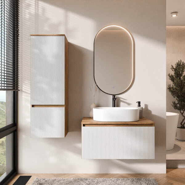 ARISA Badmöbel Set inkl. Hochschrank in Weiß Geriffelt - mit "Glora" LED Spiegel und weißem Keramik-Aufsatzwaschbecken 55 cm