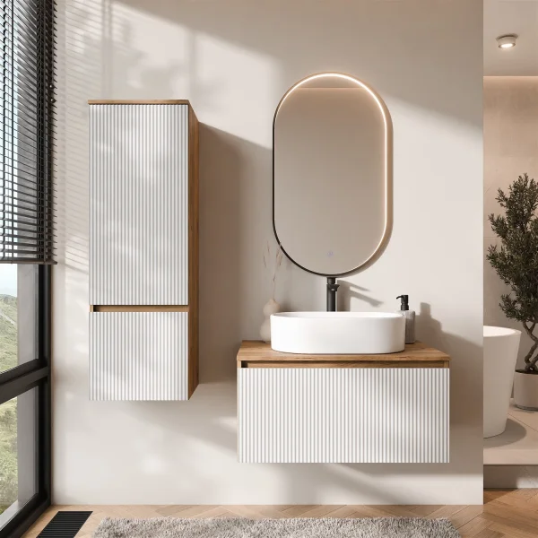 ARISA Badmöbel Set inkl. Hochschrank in Weiß Geriffelt - mit "Glora" LED Spiegel und weißem Keramik-Aufsatzwaschbecken 55 cm