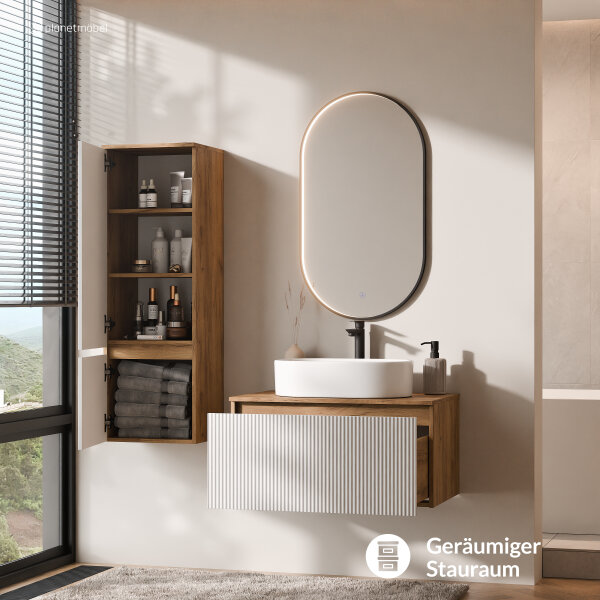 ARISA Badmöbel Set inkl. Hochschrank in Weiß Geriffelt - mit "Glora" LED Spiegel und weißem Keramik-Aufsatzwaschbecken 55 cm