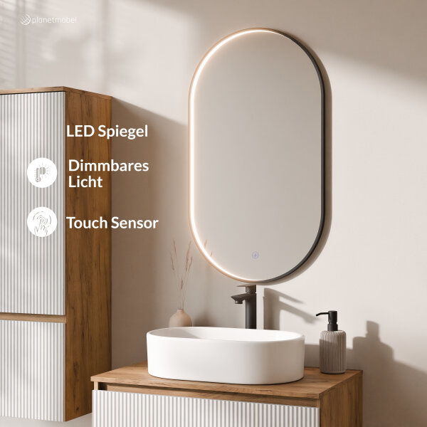 ARISA Badmöbel Set inkl. Hochschrank in Weiß Geriffelt - mit "Glora" LED Spiegel und weißem Keramik-Aufsatzwaschbecken 55 cm