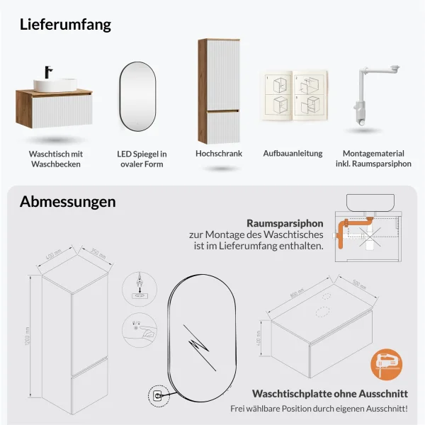 ARISA Badmöbel Set inkl. Hochschrank in Weiß Geriffelt - mit "Glora" LED Spiegel und weißem Keramik-Aufsatzwaschbecken 55 cm