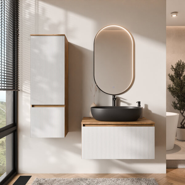 ARISA Badmöbel Set inkl. Hochschrank in Weiß Geriffelt - mit "Glora" LED Spiegel und schwarzem Keramik-Aufsatzwaschbecken 60 cm