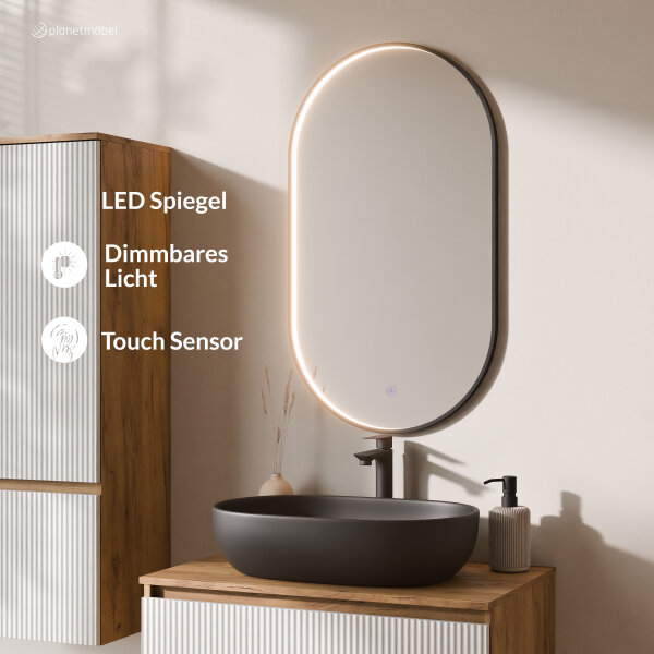 ARISA Badmöbel Set inkl. Hochschrank in Weiß Geriffelt - mit "Glora" LED Spiegel und schwarzem Keramik-Aufsatzwaschbecken 60 cm