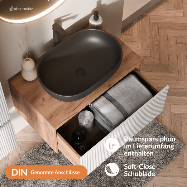 ARISA Badmöbel Set inkl. Hochschrank in Weiß Geriffelt - mit "Glora" LED Spiegel und schwarzem Keramik-Aufsatzwaschbecken 60 cm