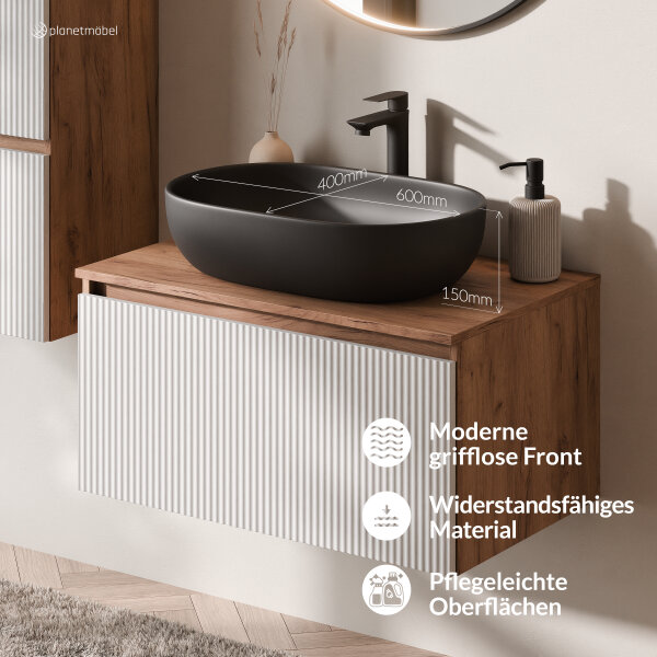 ARISA Badmöbel Set inkl. Hochschrank in Weiß Geriffelt - mit "Glora" LED Spiegel und schwarzem Keramik-Aufsatzwaschbecken 60 cm