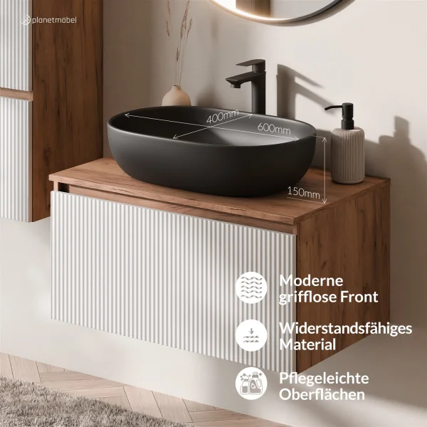 ARISA Badmöbel Set inkl. Hochschrank in Weiß Geriffelt - mit "Glora" LED Spiegel und schwarzem Keramik-Aufsatzwaschbecken 60 cm