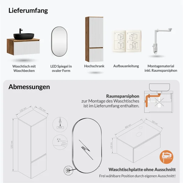 ARISA Badmöbel Set inkl. Hochschrank in Weiß Geriffelt - mit "Glora" LED Spiegel und schwarzem Keramik-Aufsatzwaschbecken 60 cm