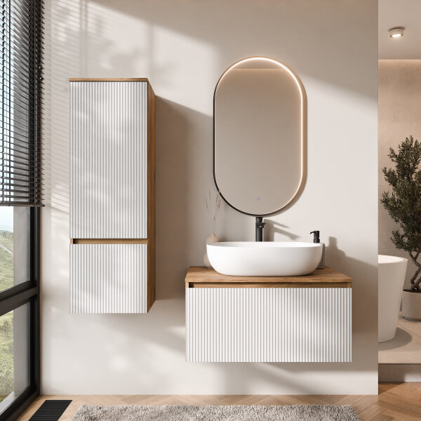 ARISA Badmöbel Set inkl. Hochschrank in Weiß Geriffelt - mit "Glora" LED Spiegel und weißem Keramik-Aufsatzwaschbecken 60 cm