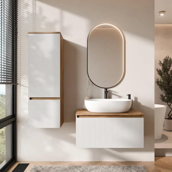 ARISA Badmöbel Set inkl. Hochschrank in Weiß Geriffelt - mit "Glora" LED Spiegel und weißem Keramik-Aufsatzwaschbecken 60 cm