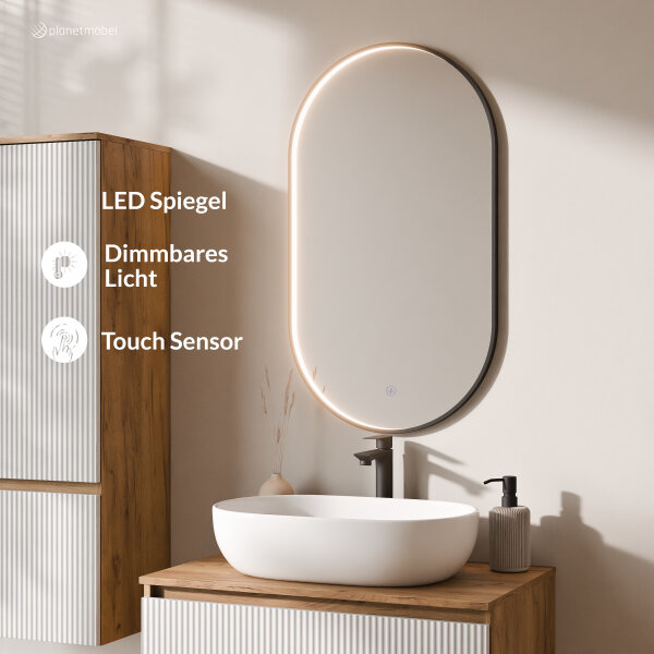 ARISA Badmöbel Set inkl. Hochschrank in Weiß Geriffelt - mit "Glora" LED Spiegel und weißem Keramik-Aufsatzwaschbecken 60 cm