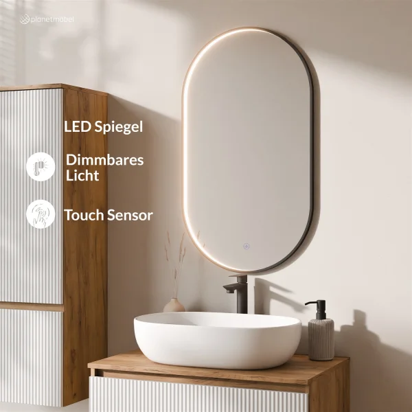 ARISA Badmöbel Set inkl. Hochschrank in Weiß Geriffelt - mit "Glora" LED Spiegel und weißem Keramik-Aufsatzwaschbecken 60 cm