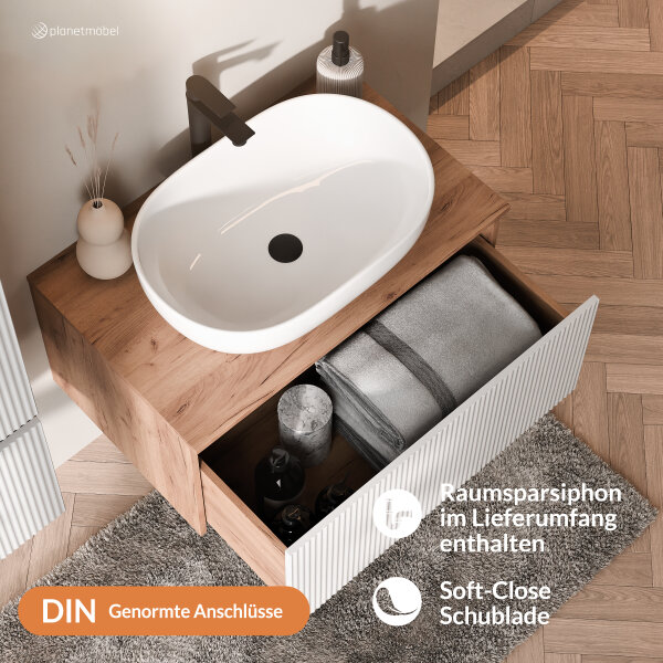 ARISA Badmöbel Set inkl. Hochschrank in Weiß Geriffelt - mit "Glora" LED Spiegel und weißem Keramik-Aufsatzwaschbecken 60 cm