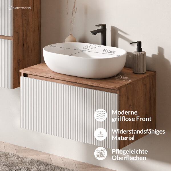 ARISA Badmöbel Set inkl. Hochschrank in Weiß Geriffelt - mit "Glora" LED Spiegel und weißem Keramik-Aufsatzwaschbecken 60 cm