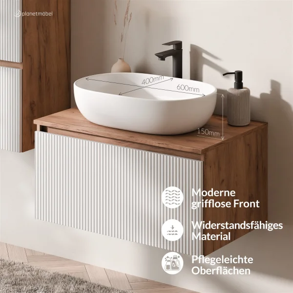 ARISA Badmöbel Set inkl. Hochschrank in Weiß Geriffelt - mit "Glora" LED Spiegel und weißem Keramik-Aufsatzwaschbecken 60 cm