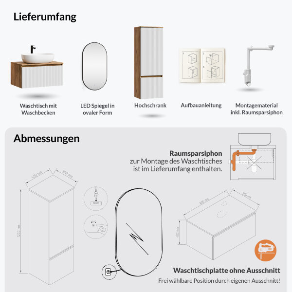 ARISA Badmöbel Set inkl. Hochschrank in Weiß Geriffelt - mit "Glora" LED Spiegel und weißem Keramik-Aufsatzwaschbecken 60 cm