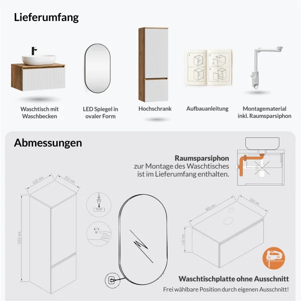 ARISA Badmöbel Set inkl. Hochschrank in Weiß Geriffelt - mit "Glora" LED Spiegel und weißem Keramik-Aufsatzwaschbecken 60 cm