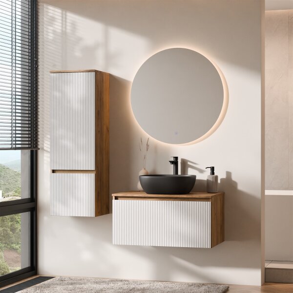 ARISA Badmöbel Set inkl. Hochschrank in Weiß Geriffelt – Mit Nova LED Spiegel und schwarzem Keramik-Aufsatzwaschbecken 42 cm