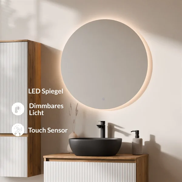 ARISA Badmöbel Set inkl. Hochschrank in Weiß Geriffelt – Mit Nova LED Spiegel und schwarzem Keramik-Aufsatzwaschbecken 42 cm