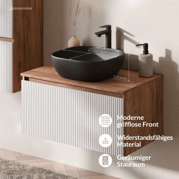 ARISA Badmöbel Set inkl. Hochschrank in Weiß Geriffelt – Mit Nova LED Spiegel und schwarzem Keramik-Aufsatzwaschbecken 42 cm