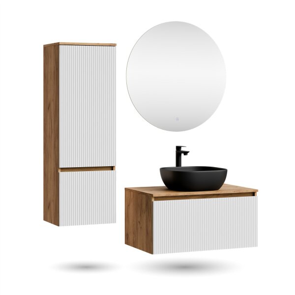 ARISA Badmöbel Set inkl. Hochschrank in Weiß Geriffelt – Mit Nova LED Spiegel und schwarzem Keramik-Aufsatzwaschbecken 42 cm