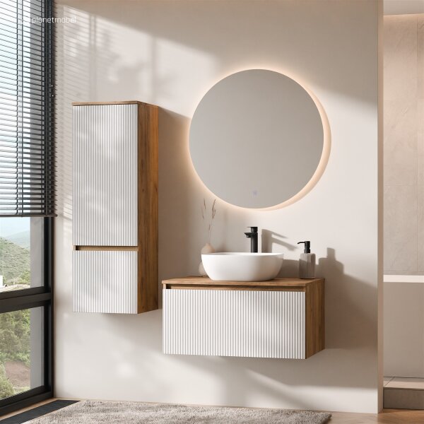 ARISA Badmöbel Set inkl. Hochschrank in Weiß Geriffelt – Mit Nova LED Spiegel und weißem Keramik-Aufsatzwaschbecken 42 cm