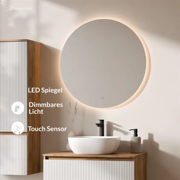 Ensemble de meubles de salle de bains ARISA avec armoire haute en blanc strié – Avec miroir Nova à LED et lavabo à poser en céramique blanche de 42 cm