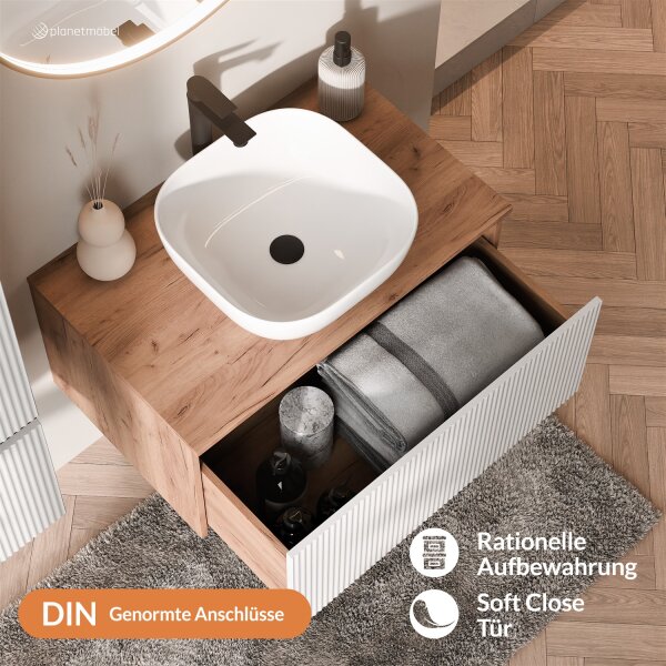 ARISA Badmöbel Set inkl. Hochschrank in Weiß Geriffelt – Mit Nova LED Spiegel und weißem Keramik-Aufsatzwaschbecken 42 cm