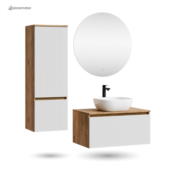 ARISA Badmöbel Set inkl. Hochschrank in Weiß Geriffelt – Mit Nova LED Spiegel und weißem Keramik-Aufsatzwaschbecken 42 cm