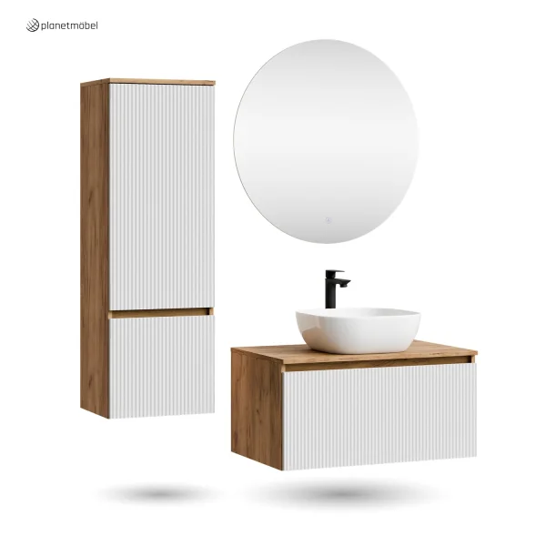 Ensemble de meubles de salle de bains ARISA avec armoire haute en blanc strié – Avec miroir Nova à LED et lavabo à poser en céramique blanche de 42 cm