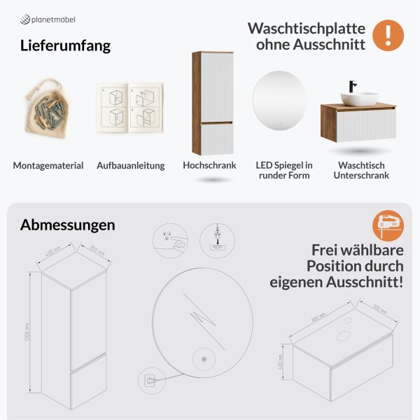 ARISA Badmöbel Set inkl. Hochschrank in Weiß Geriffelt – Mit Nova LED Spiegel und weißem Keramik-Aufsatzwaschbecken 42 cm