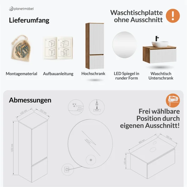 Ensemble de meubles de salle de bains ARISA avec armoire haute en blanc strié – Avec miroir Nova à LED et lavabo à poser en céramique blanche de 42 cm