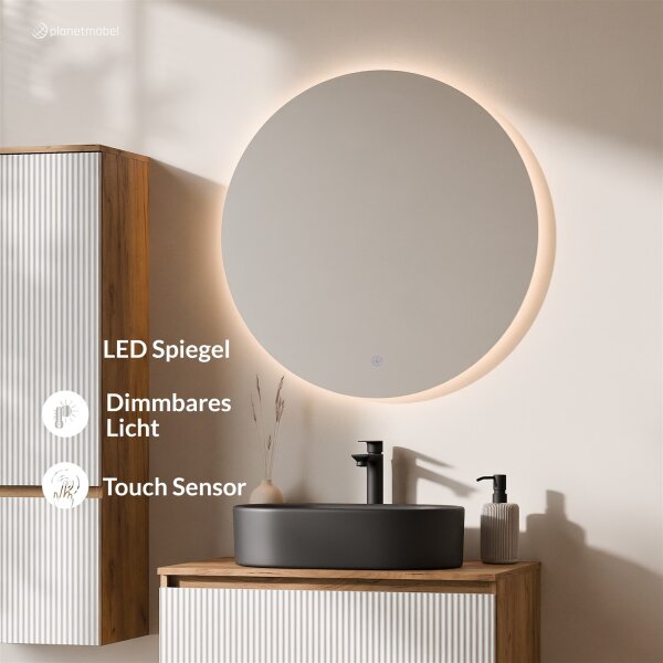 ARISA Badmöbel Set inkl. Hochschrank in Weiß Geriffelt – Mit Nova LED Spiegel und schwarzem Keramik-Aufsatzwaschbecken 55 cm