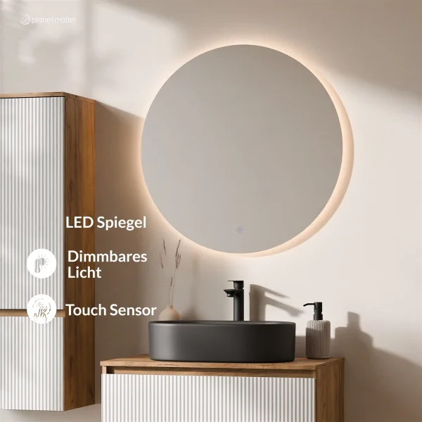Ensemble de meubles de salle de bains ARISA avec armoire haute en blanc strié – Avec miroir Nova LED et lavabo à poser en céramique noire de 55 cm