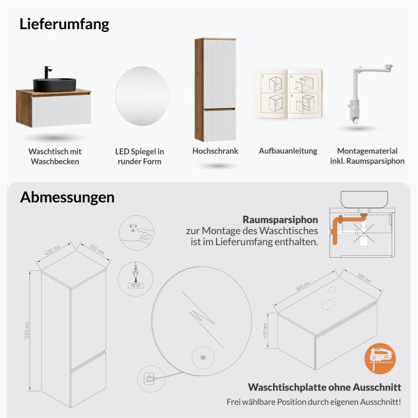 ARISA Badmöbel Set inkl. Hochschrank in Weiß Geriffelt – Mit Nova LED Spiegel und schwarzem Keramik-Aufsatzwaschbecken 55 cm